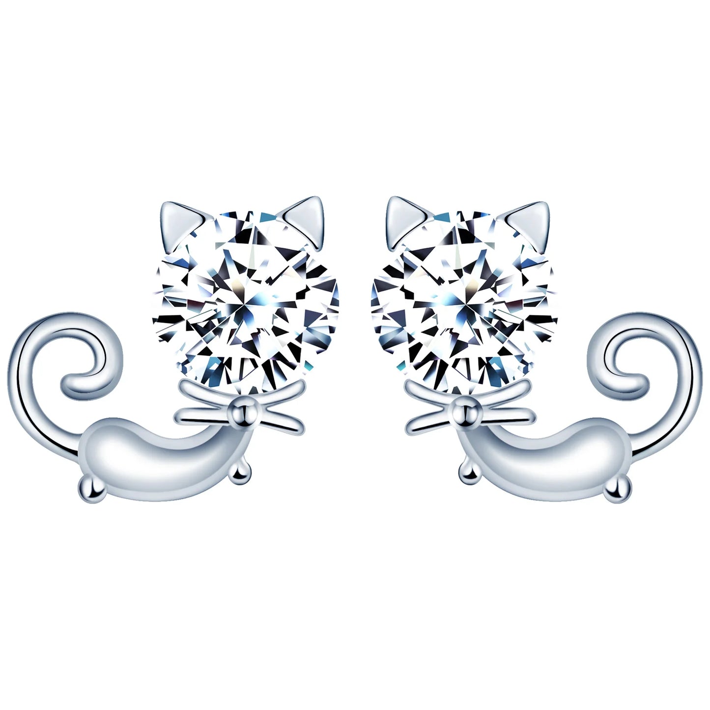 925 Sterling Silver Cat Stud Earrings Full Cubic Zircon Fashionable Jewelry Gift for Women Parties