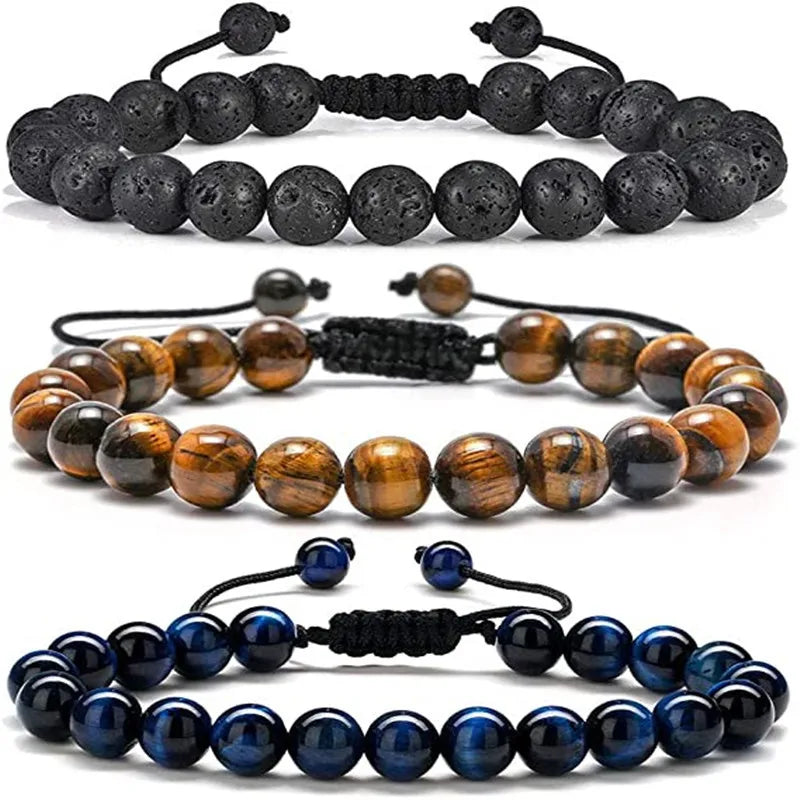 Natural Tiger Eye Lava Rock Gemstone Yoga Adjustable Hand String Essential Oil Aromatherapy Beads Bracelet for Men Women Jewelry
