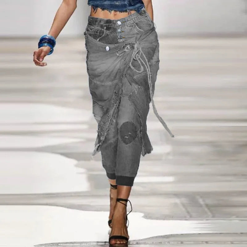 Women's Cross-Border High-Waisted Denim Pants - Distressed Tied Trendy Slim-Fit & Ribbed Cuffed