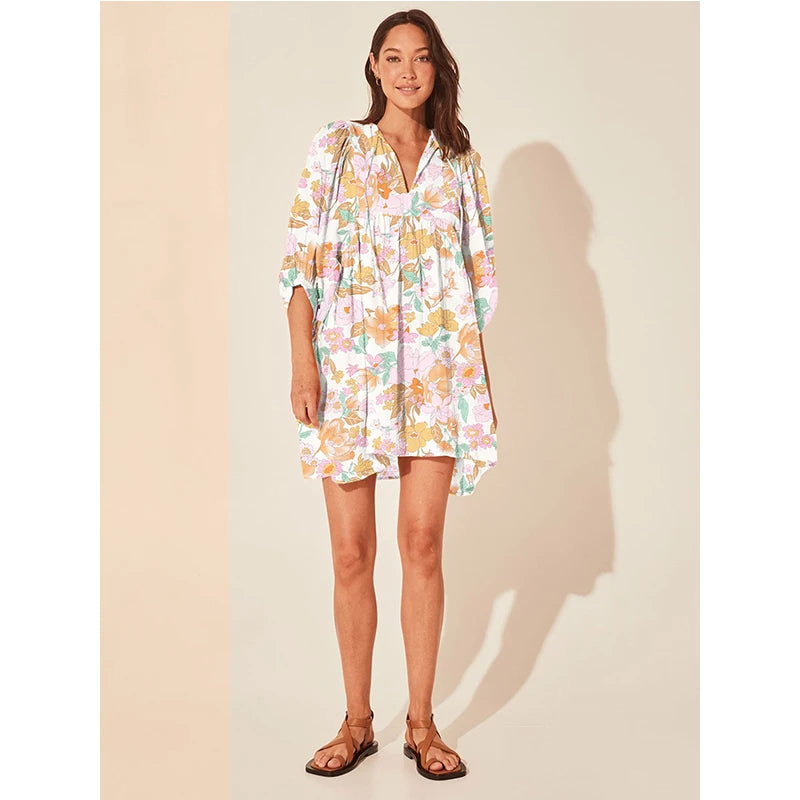 2025 Summer European & American Fashion Women's Dress: Floral Casual Cotton Dress with Drawstring - Beach Vacation Mini Style