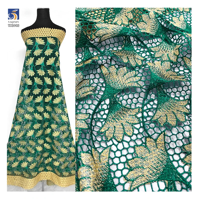 YX1083 2026 New 300gsm African Ethnic Embroidered Rich Bazin Fabric Water-Soluble Lace Embroidery Ethnic Africa Fabric Green