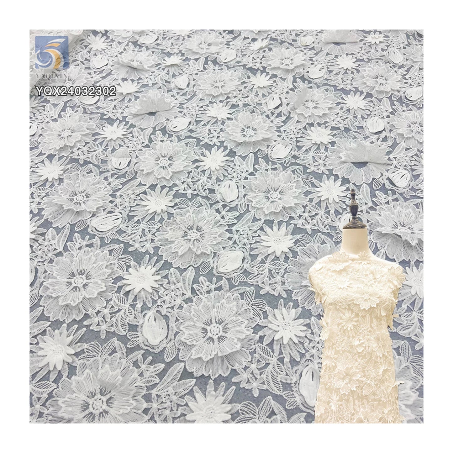 Wholesale Price 3D Embroidery Flower Organza Fabric Water Soluble Milk Lace Fabric for Dresses & Weddings Made in China