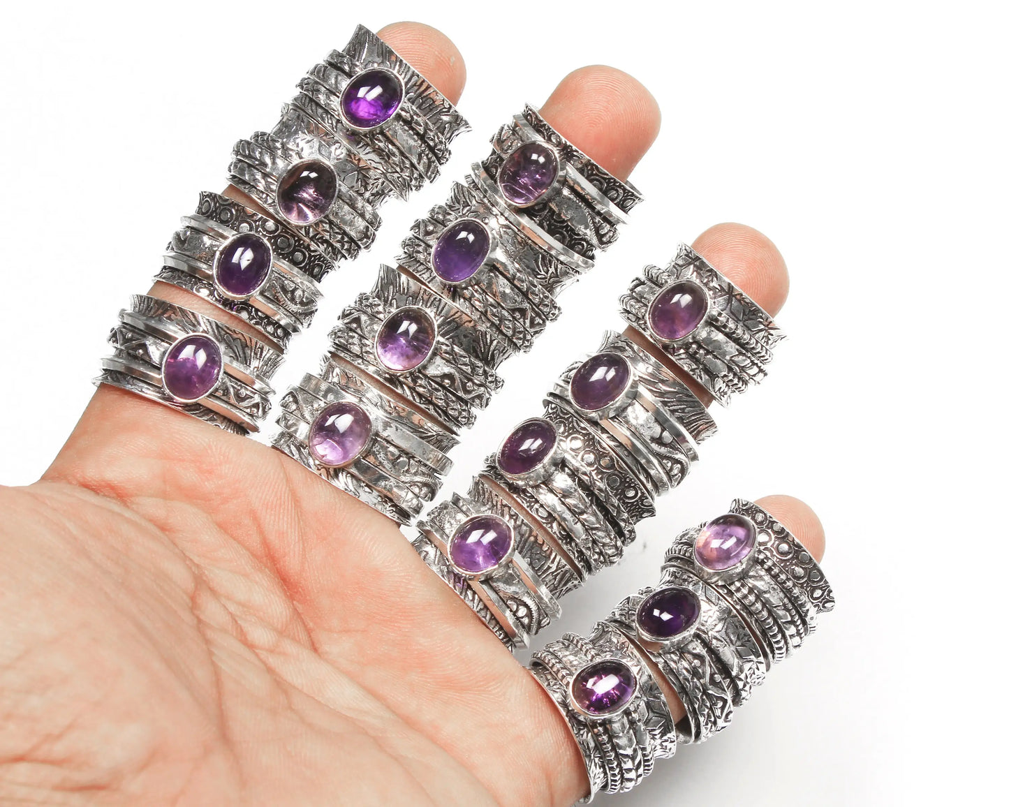 Brass Amethyst Crystals Spinner Ring Silver Plated Crystal Woman's Gemstone Rings Best Quality Women's Fashion Wholesale Jewelry