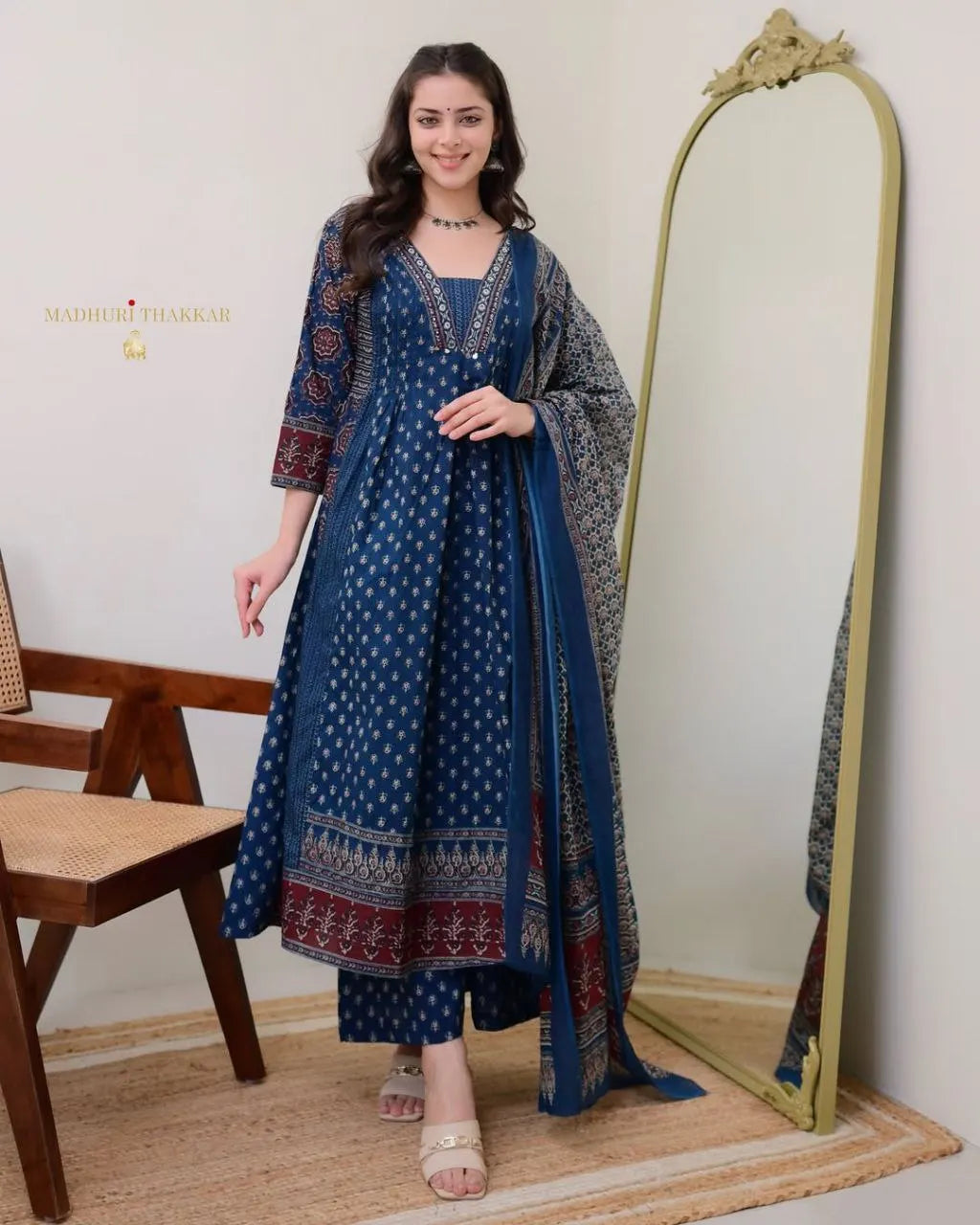 New Special Fancy Design Mal Cotton Kurti Plazo With Handwork Neck Dupatta Set