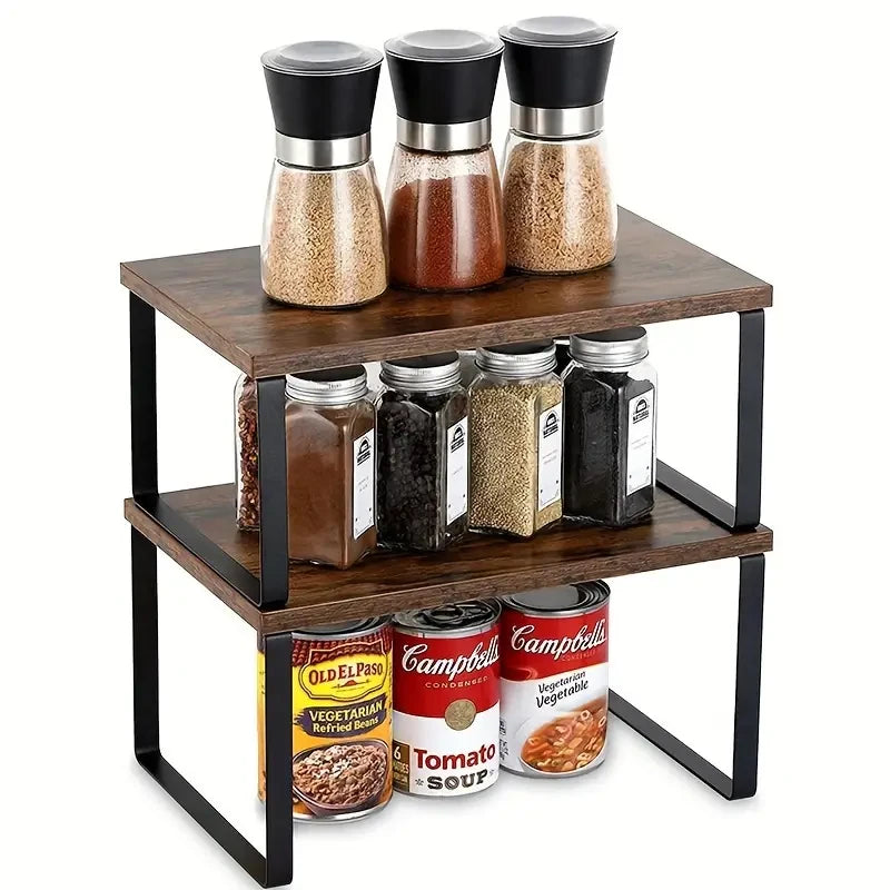 Set of 2 Metal & Wood Utility Racks for Kitchen Counter Stackable Expandable Food Storage Shelves Bracket Shelf  Spice Rack