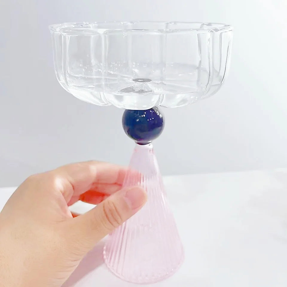 Artistic Pink Ribbed Cone Base Black Bead Decor New Design High Borosilicate Glass Goblet Dishwasher Safe Eco-Friendly for Home