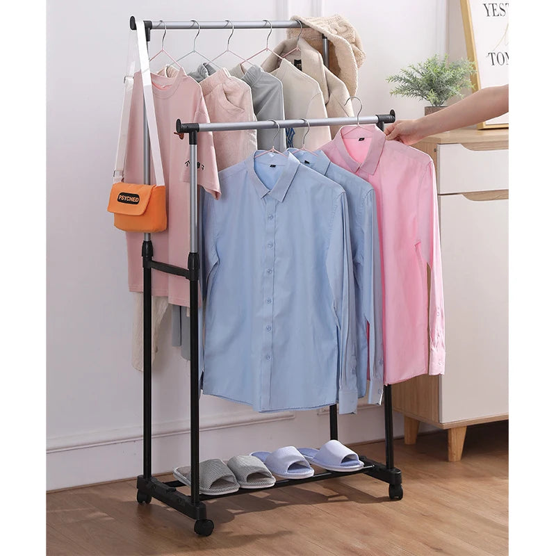 New Simple Floor Laundry Dryer Hanging Heavy Duty Wardrobe Pipe Double Pole Portable Stainless Steel Clothes Rack