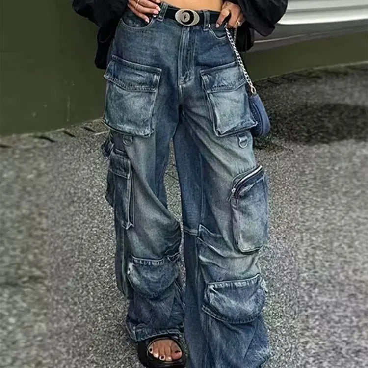 American Style Heavy Washed Multi-Pocket Cargo Jeans for Women Vintage Distressed Loose Fit Streetwear Custom OEM/ODM
