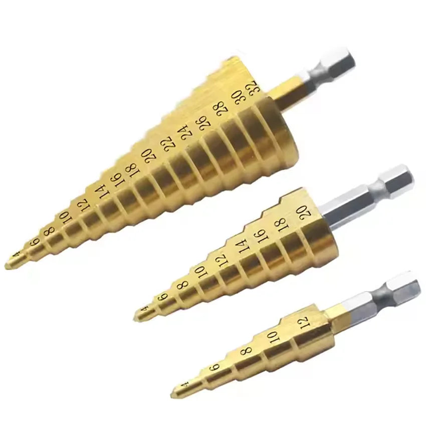 TRANRICH 3PCS Step Drill Bit HSS Titanium Coated Step Drill for Metal Stainless Aluminum Drilling