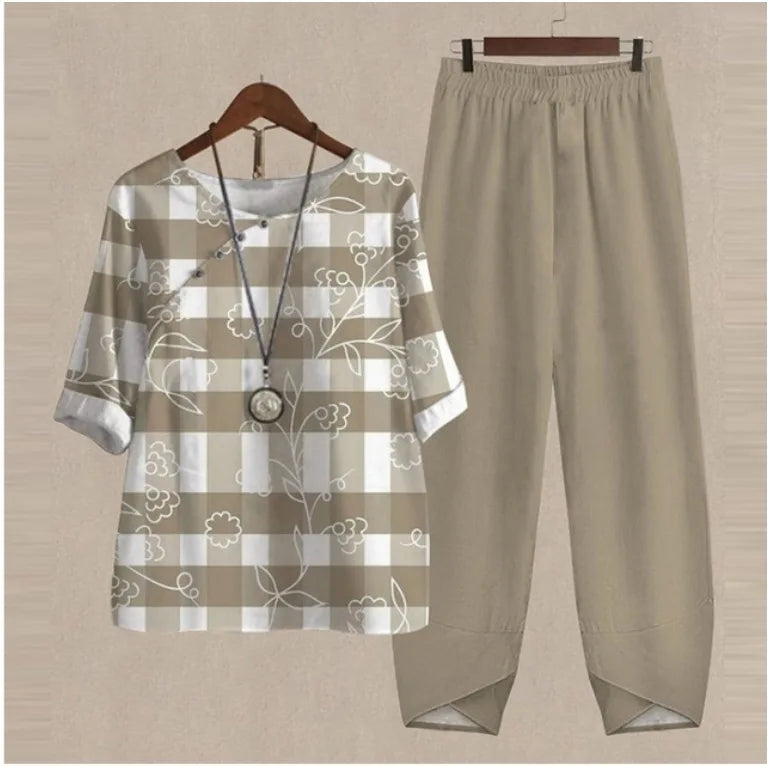 2025 Spring New Collection Hot-Selling Women's Three-Quarter Sleeve Printed Tops Pants Floral Two-Piece Suit Short