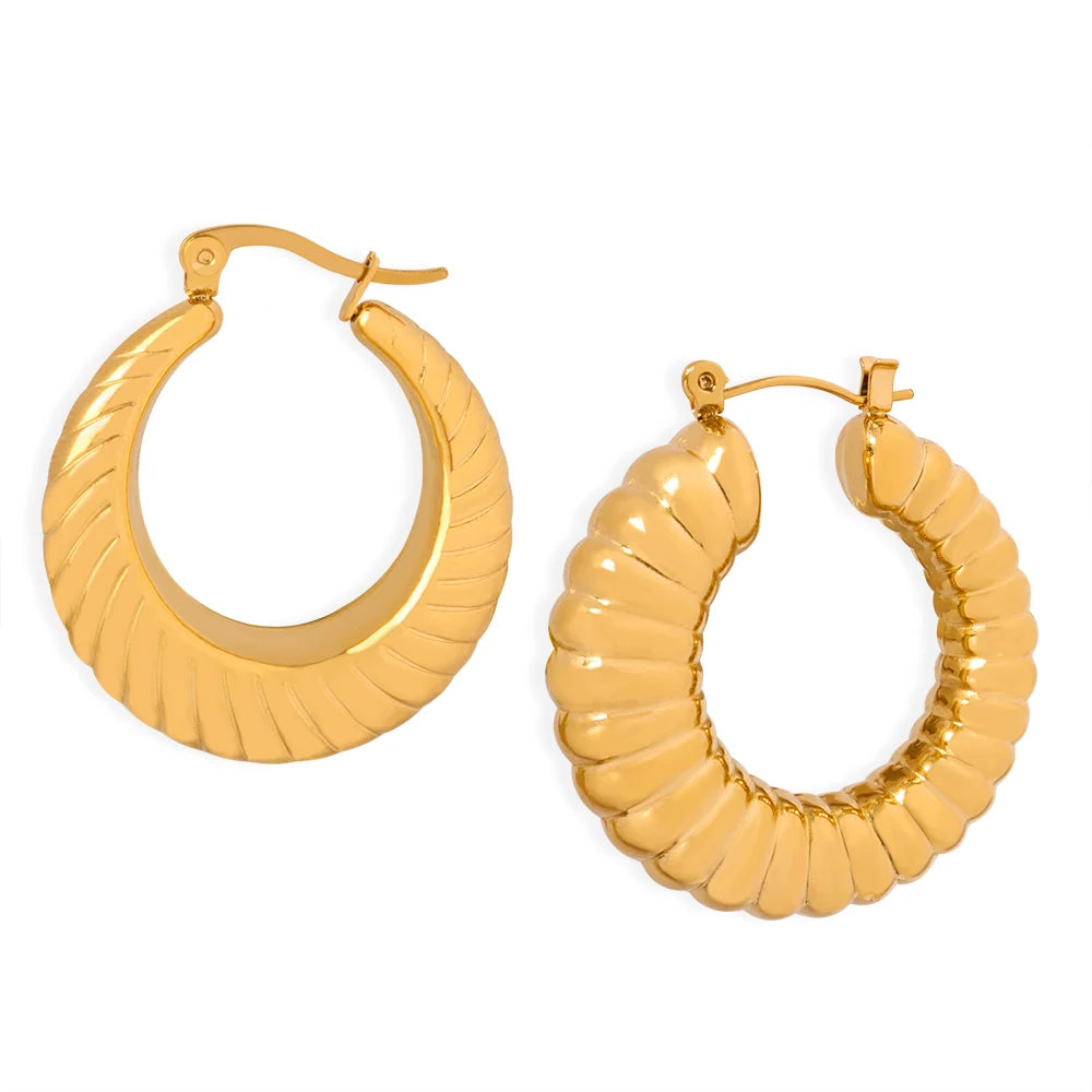 Women's Trendy Stainless Steel Fashion Hoop Earrings with Hollow Copper Studs Gold Color Texture Personalized Waterproof Jewelry