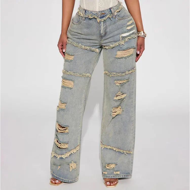 Women's American Retro Washed Distressed Denim Pants - Baggy Wide-Leg Heavyweight High-Street Edgy Style