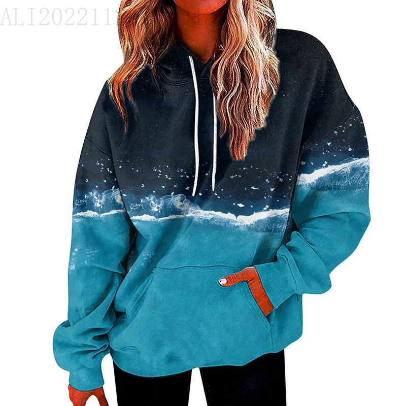 Women's Long-Sleeve Hooded Sweatshirt Fashionable Loose Hoodie 3D Long-Sleeve Retro Tie-Dye Baseball Jacket