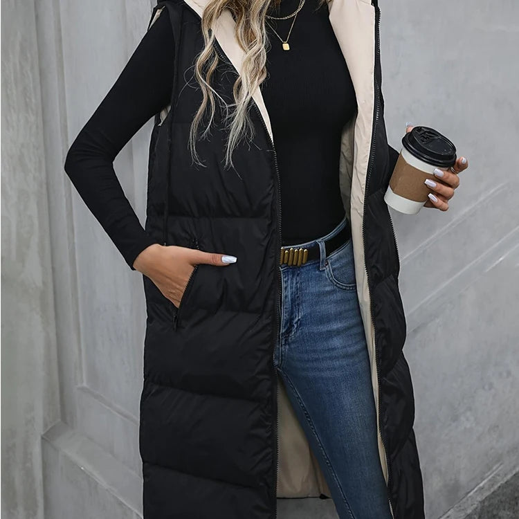 In-Stock 2026 Cross-Border Fashion Solid Color Hooded Long Worsted Vest Waterproof Casual Knitted Zip Sleeveless Coat