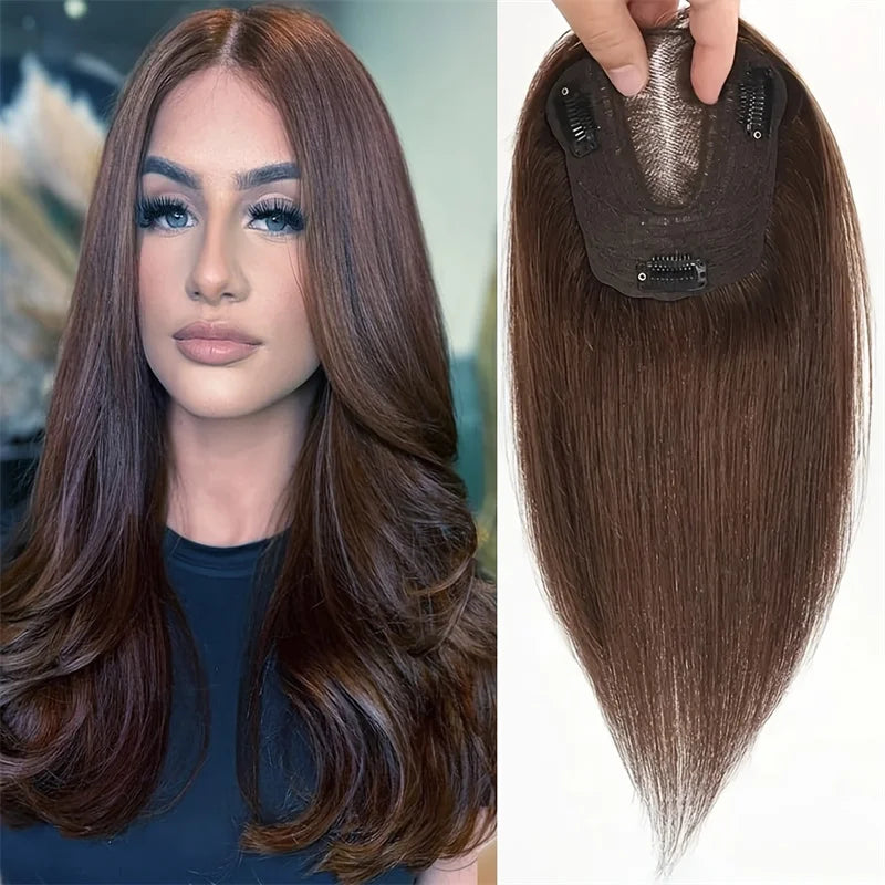 Women's 10inch Brown Straight Human Hair Topper 360° Full Top Cover Hand-Tied 12x13cm Base Pieces with Thinning Hair Toppers