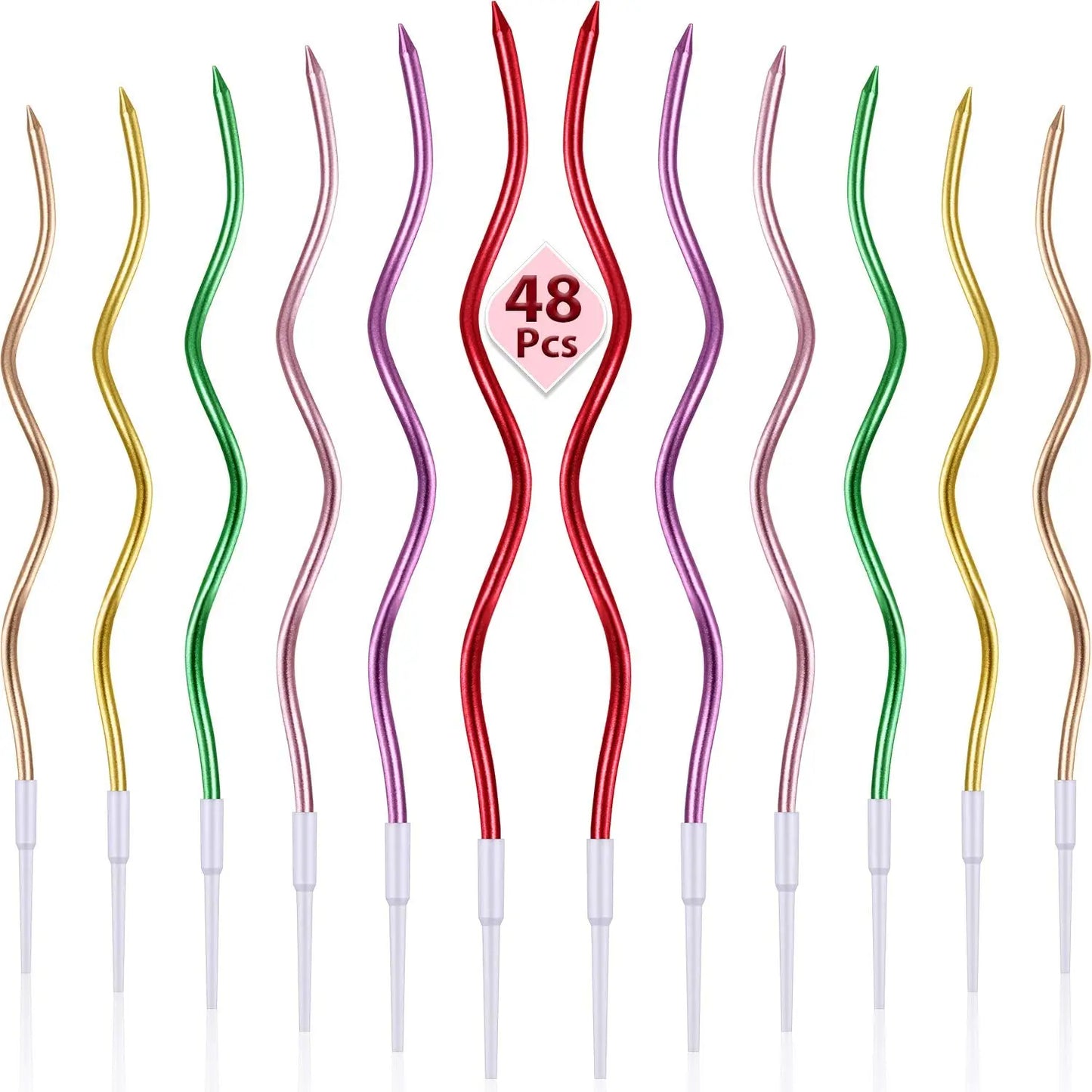 48 Pieces Twisty Spiral Metallic Colorful Long Thin Curly Coil Cake Cupcake  Birthday Candles with Holders