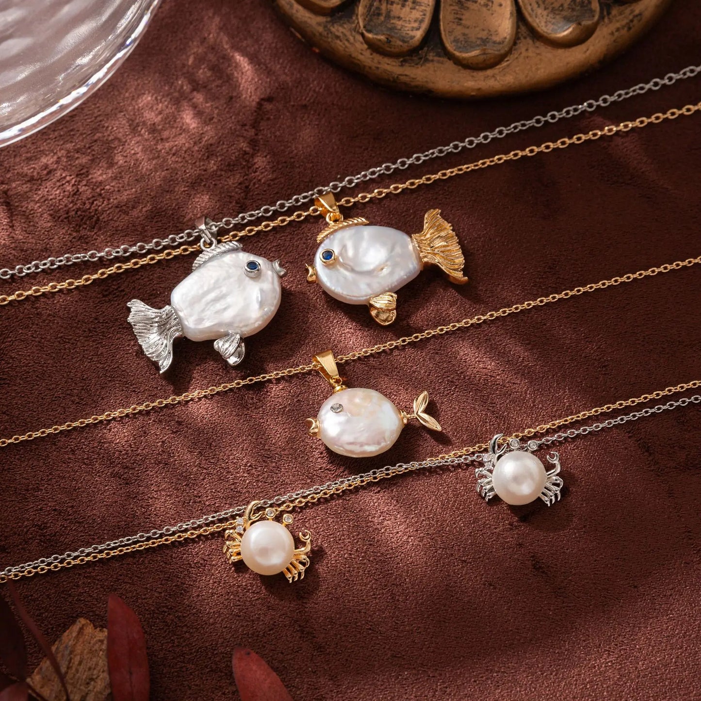 Wholesale Elegant Brass 18K Gold Plated Natural Pearl Big Head Clownfish and Crab Pendant Necklace and Earrings Sets