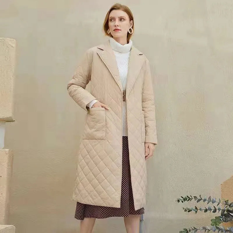 Cross-Border EU/US Autumn/Winter Stylish Collared Mid-Length Knee-Length Cotton Coat W/Belt - Slim-Fit Diamond-Quilted In-Stock