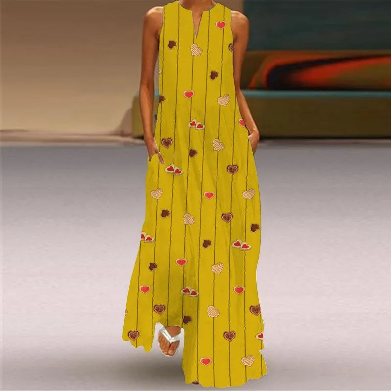 2025 New Summer Women's Sleeveless Floor-Length Dress V-Neck Printed Floral European American Cross-Border Trade Clothing