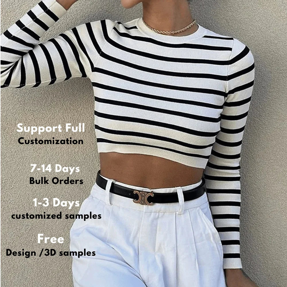Long Sleeve Crop Top Femme O Neck Casual Women's Knitting Contrast Color Striped Sweater with Front Logo
