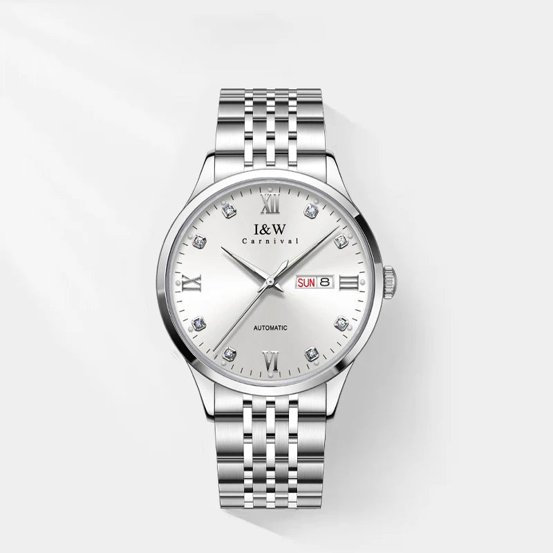 For Swiss Luxury Brand I&W Carnival Men's Stainless Steel Automatic Mechanical Sapphire Diamond Watch Dual Calendar Movement Imp