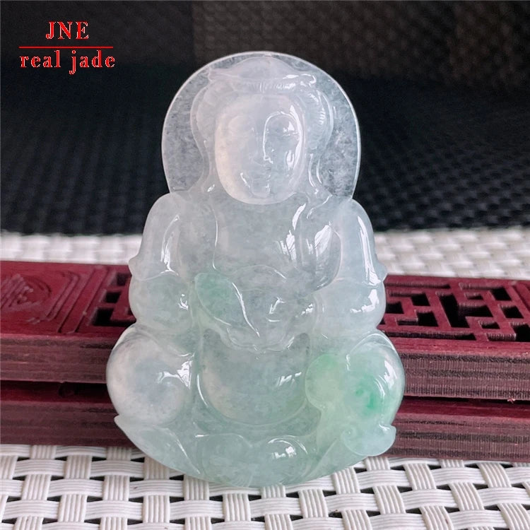 Myanmar Natural a Type Jadeite Jade Pendant Ice-Like Guanyin Bodhisattva Emerald Pendant 24.94