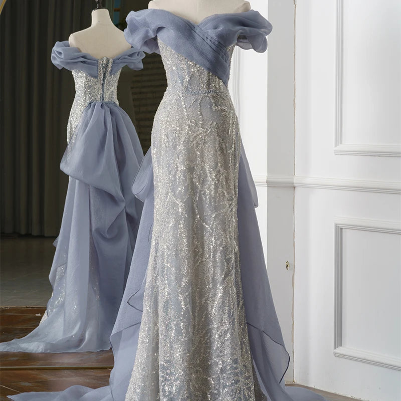 Jancember Rl137 Blue Sweetheart Off the Shoulder Mermaid Sequined Organza Wedding Dresses