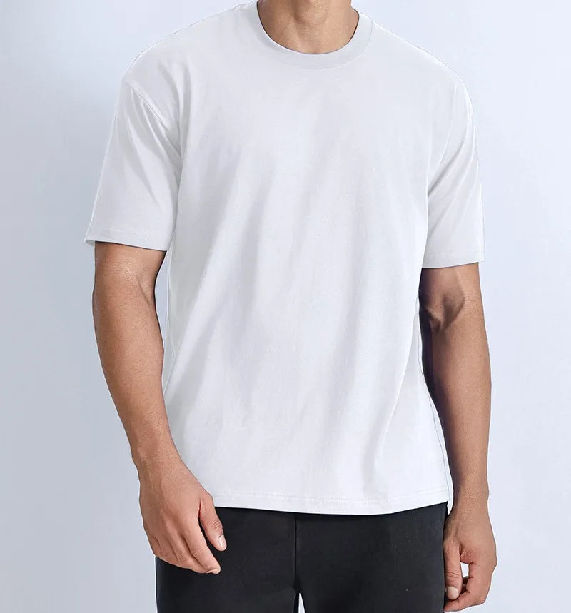 Oem customized cross border european and american heavyweight cotton solid color tshirt round neck cylindrical tshirt men's