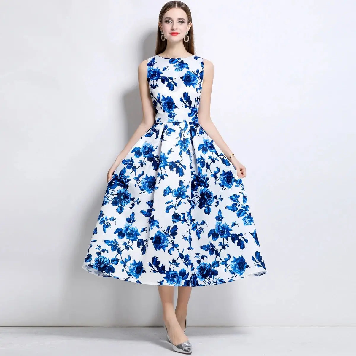 Romantic Summer Sleeveless High-Waist Dress Socialite Midi-Length A-Line Skirt with Three-Dimensional Woven Tailoring