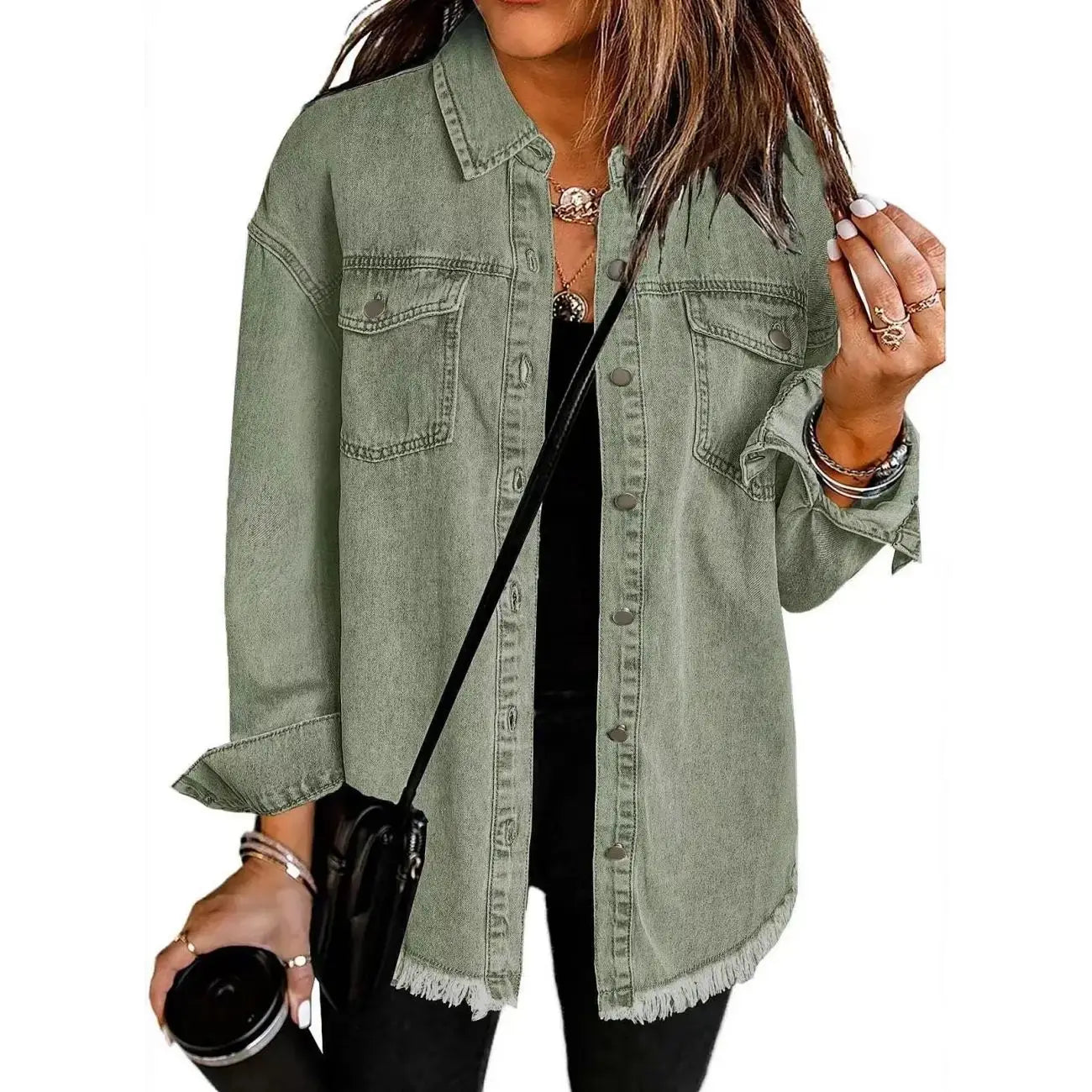Women's New Washed Jacket Single Breasted Stand Frayed Hem Coat Euro-American Style for Autumn-Winter Edgy Streetwear