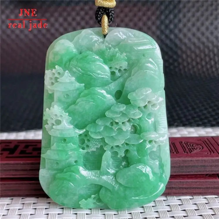 Myanmar a Type Carved Character  Brand Jade Pendant Full of Green Landscape Pendant Emerald Pendant 93.40