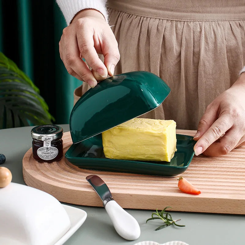 Light Luxury Cover Simple Tableware New Cute Green French Lid Ceramic Butter Dish