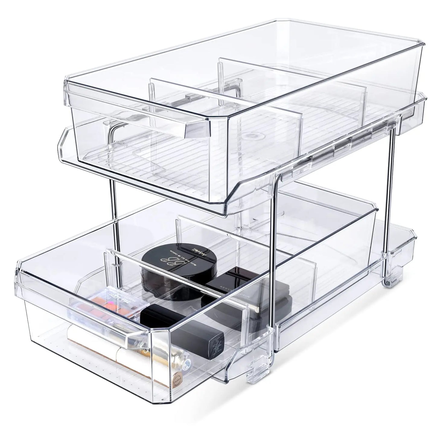 Bathroom Vanity Counter Multi-Purpose  Pull Out Storage Tray 2 Tier Clear Organizer with Dividers