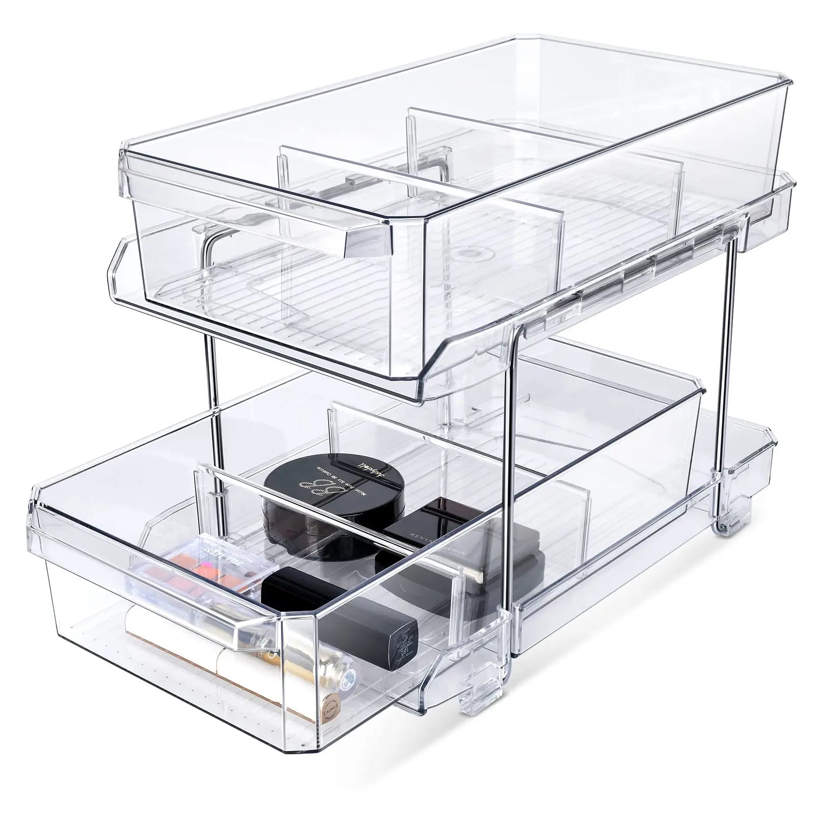 Bathroom Vanity Counter Multi-Purpose  Pull Out Storage Tray 2 Tier Clear Organizer with Dividers