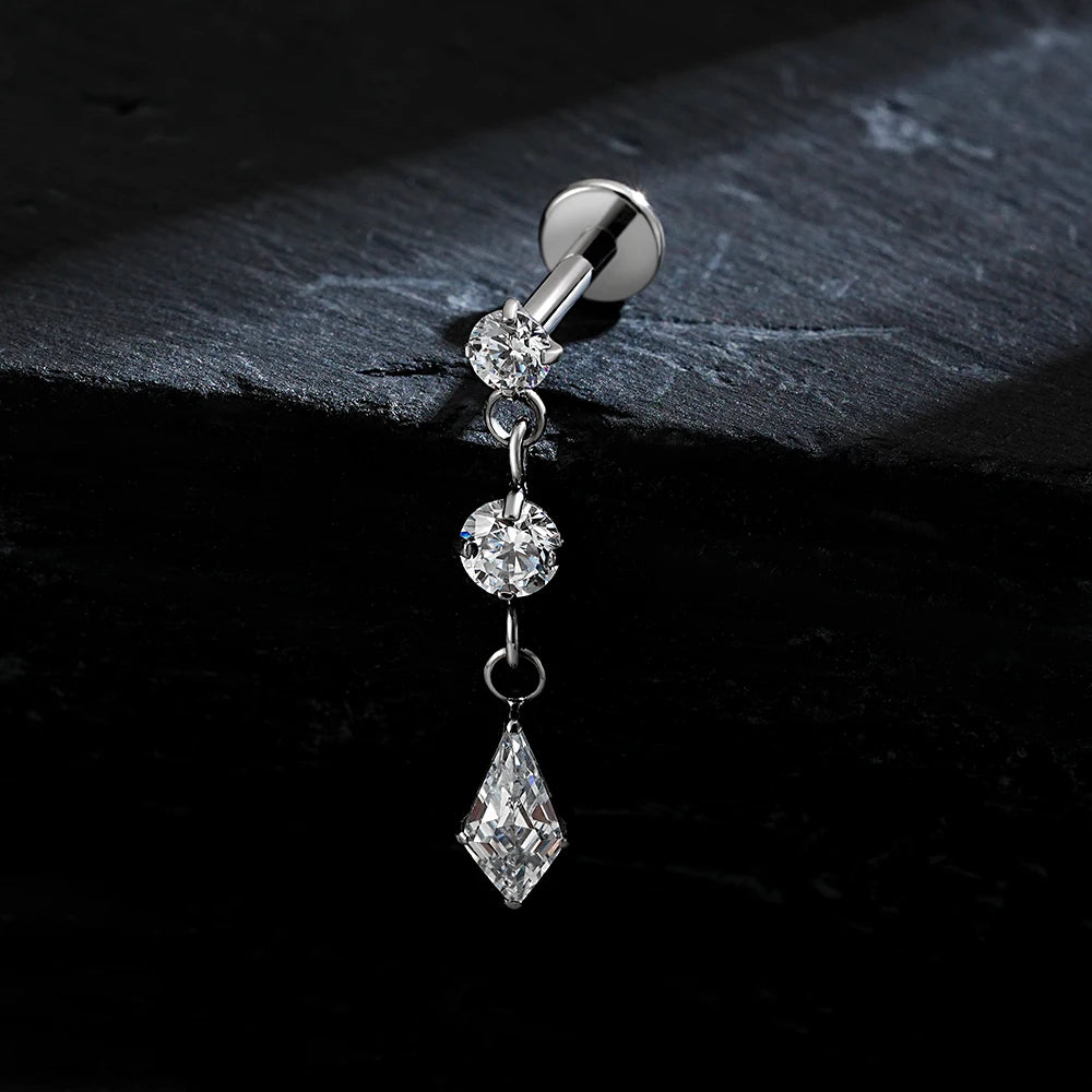 ASTM F136 Titanium Internal Thread Dangling CZ Drop Piercing 16G Dangle Chain Kite Shape Cartilage Helix Stud Flat Back Earring