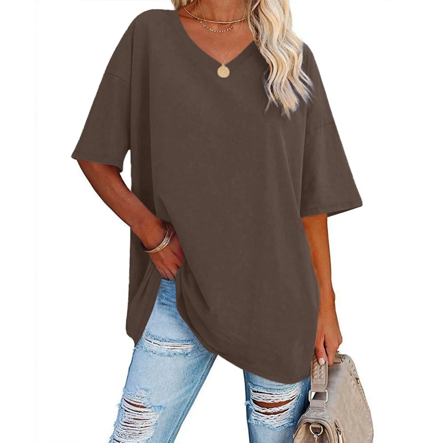 Cross-border European & American Women's Spring-Summer New Arrival: Loose Short-Sleeve V-Neck Cotton T-Shirt with Waist Cinch