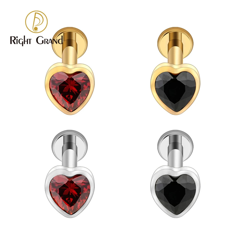 Titanium Threadless Push Pin Heart Shaped CZ Labret Ring Flat Back Cartilage Stud Earring Conch Helix Lip Piercing Jewelry