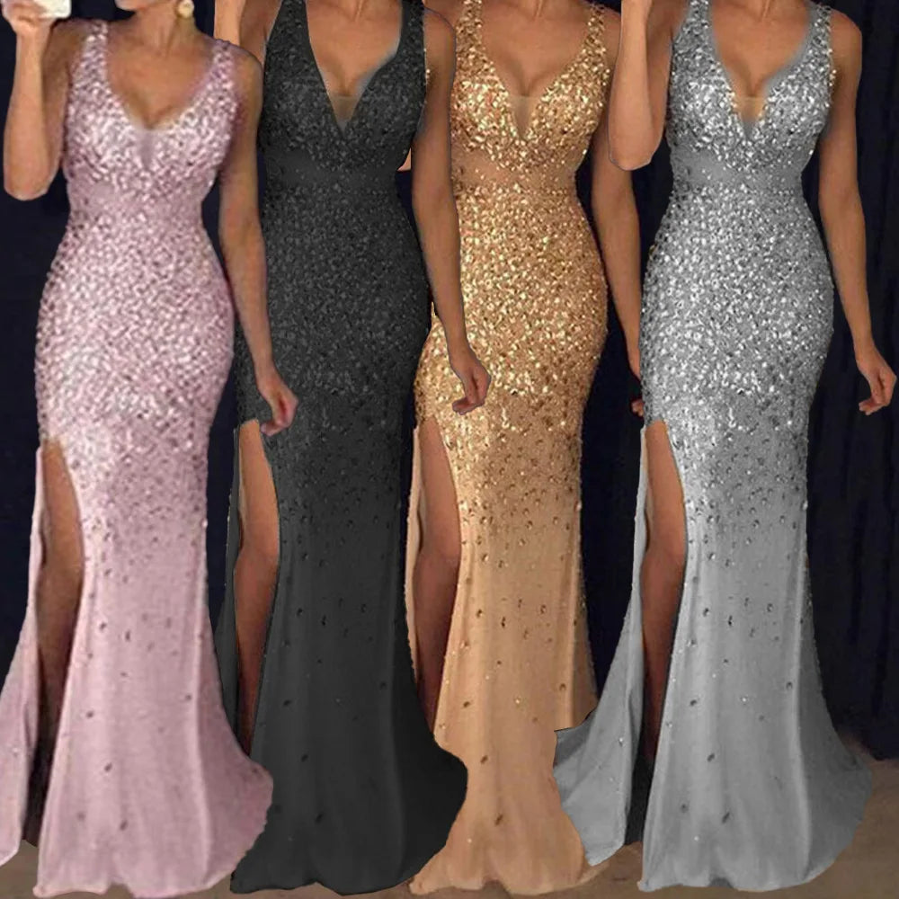 2025 New Arrival Women's Long Dress | Spaghetti Strap V-Neck Split Gold-Splattered Formal Gown