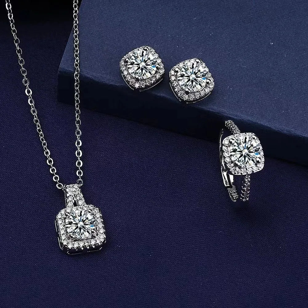 Flash Mosan Diamond square Diamond Design Light Luxury Style Tiktok Live Pendant Earrings Ring Three-piece Set