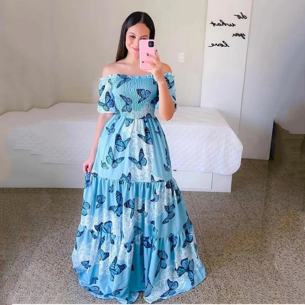 2025 New Arrival Women's Western Fashion Dress for Spring & Summer Off-Shoulder Floral Print Stylish Long Dress