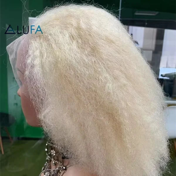 CF129 Full Transparent Lace Human Hair Wigs Blond 613# Afro Kinky Curl   Virgin  Glueless Wig Cuticle Aligned Unprocessed