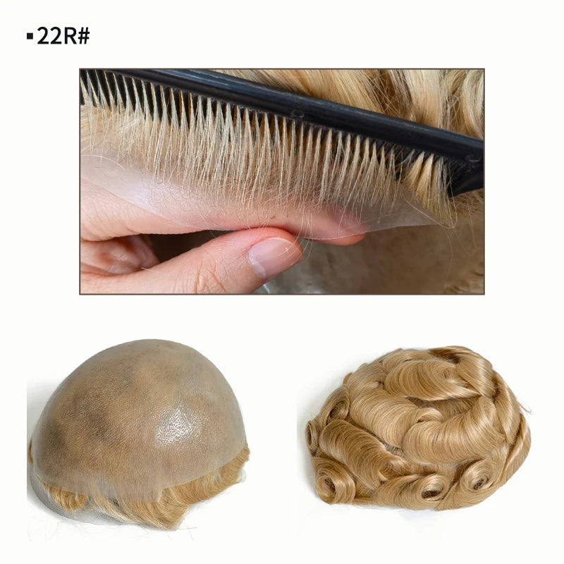 Blond Color Full Transparent Thin PU Skin Natural Virgin Human Hair Unit Men Toupee With Natural Hairline