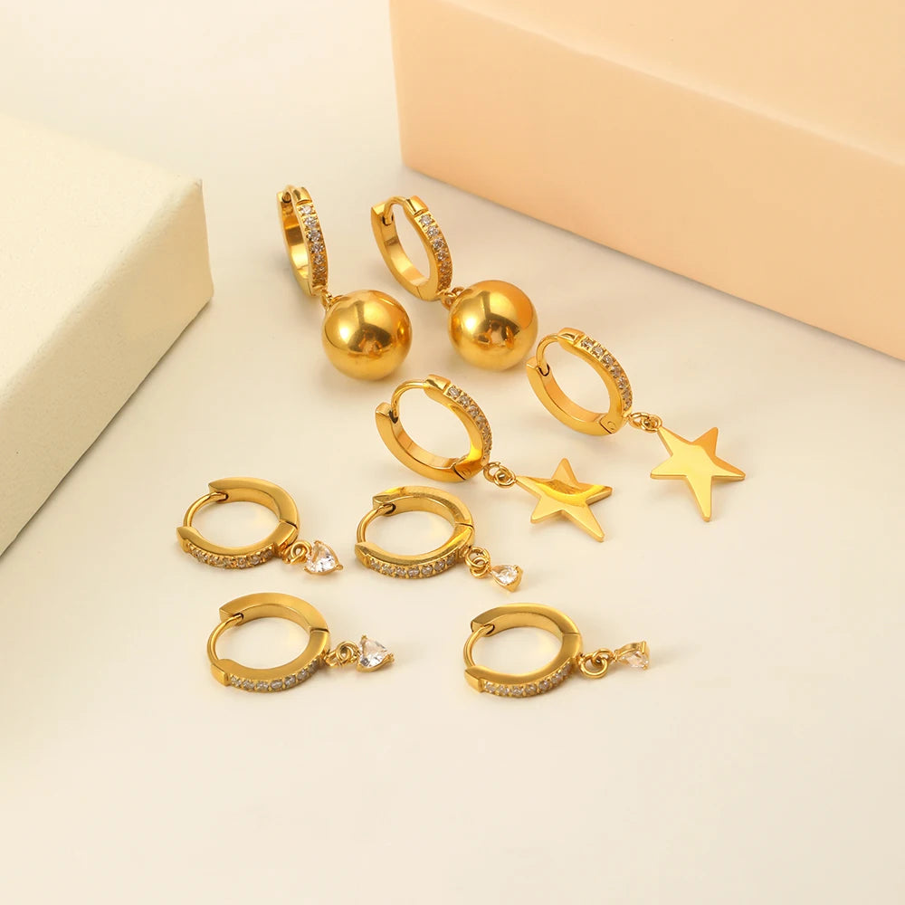 Dreamshow Dainty Zircon Huggies Earrings Set Star Water Drop 18k Gold Plated Stainless Steel Jewelry