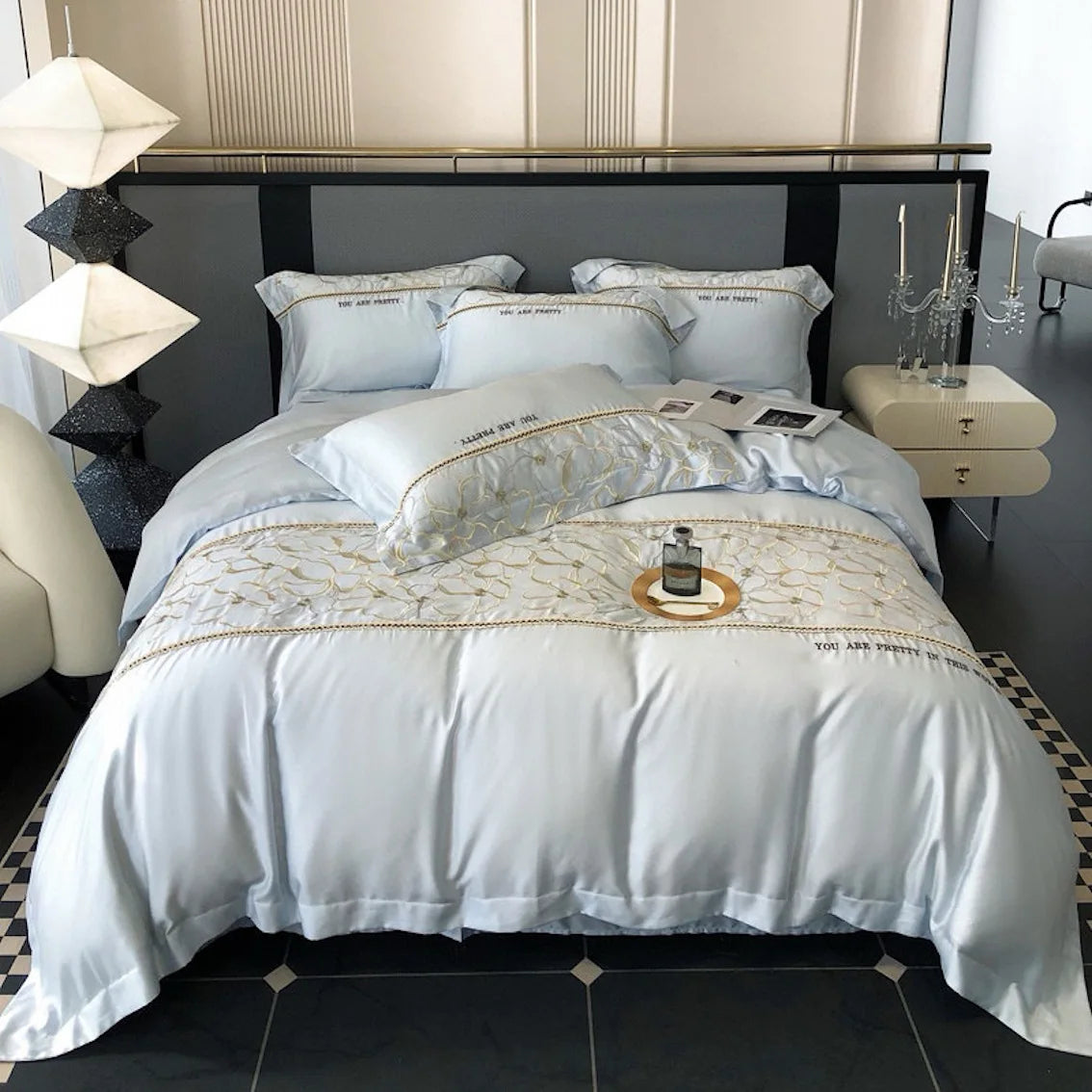 ODM/OEM 100% Lyocell Embroidery Home Textile Light Blue Bed Sheets Duvet Cover Pillowcases Bedding Set Supplier