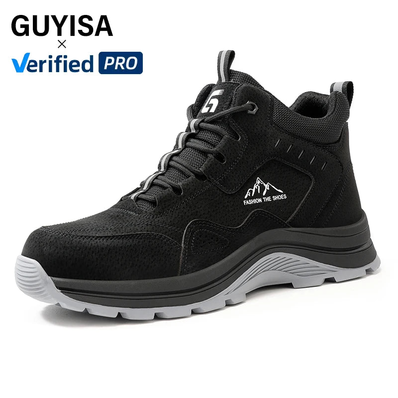 GUYISA  European Standard Steel Toe  High Top Safety Shoes  Black  Microfiber Upper Safety Boots for Men