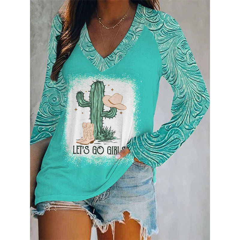 2025 New Autumn/Winter Cross-Border Women's Long-Sleeve Pullover T-Shirt with 3D Printed Multicolored Patterns