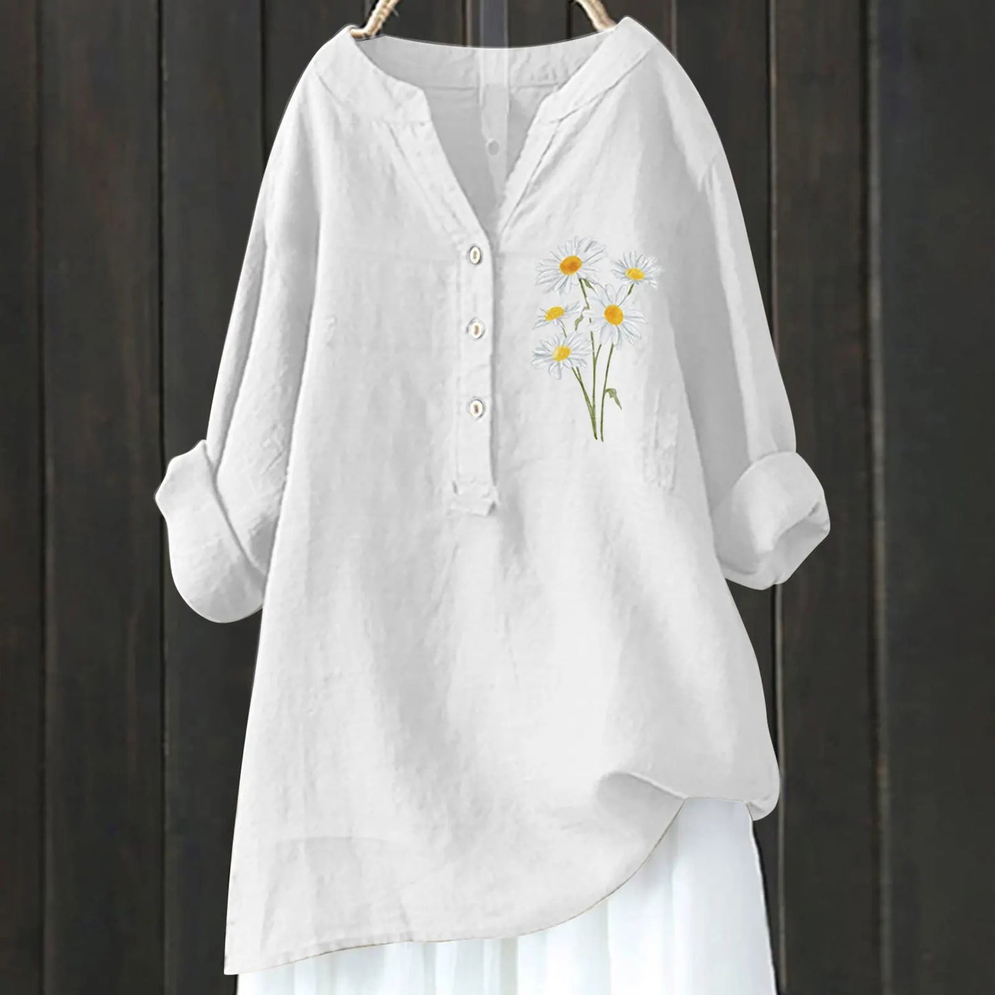 2025 Autumn New Loose Comfortable Stylish and Versatile Printed Long-sleeve V-neck Button Shirt