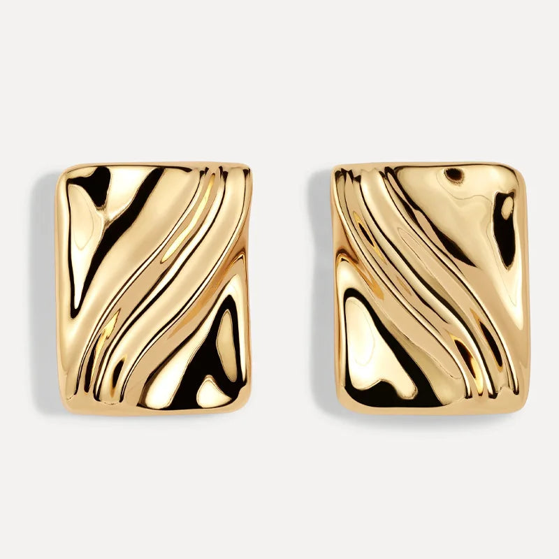 HS Waterproof Non Tarnish PVD 18k Gold Plated Stainless Steel Geometric Rectangle Wave Texture Statement Stud Earrings for Women