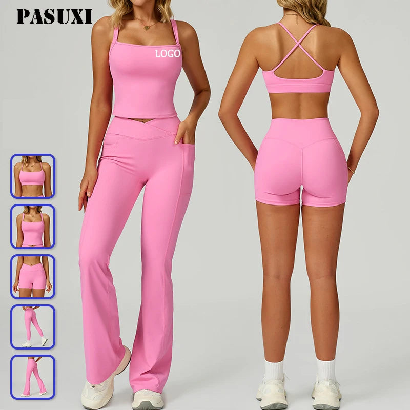 PASUXI 2025 New Women Seamless Gym Wear Sports Halter Bra Running High Waist Fitness Yoga V Shape Leggings Workout Sets