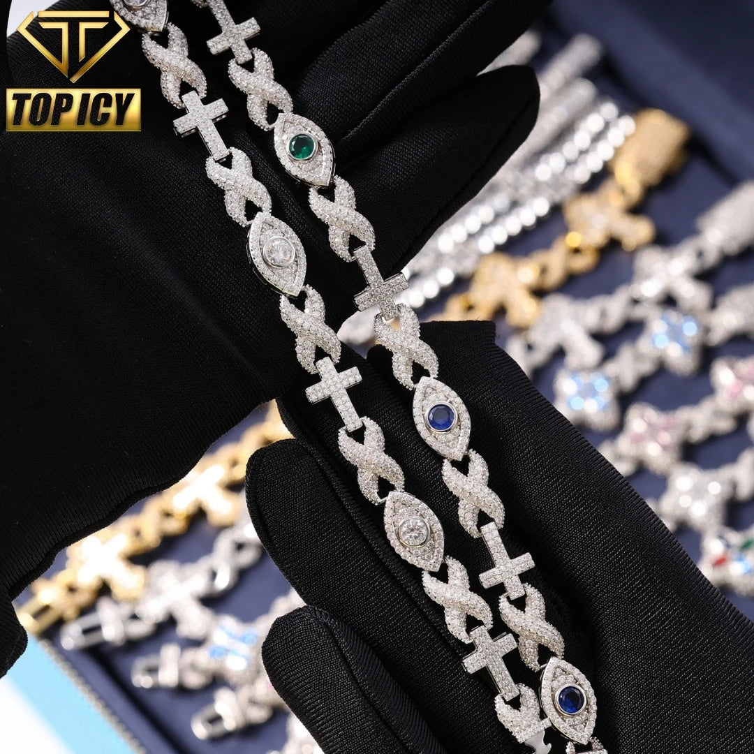 Hip Hop Style Sterling Silver 925 Iced VVS Moissanite Diamond Infinity Cross Evil Eye Cuban Bracelet Gift
